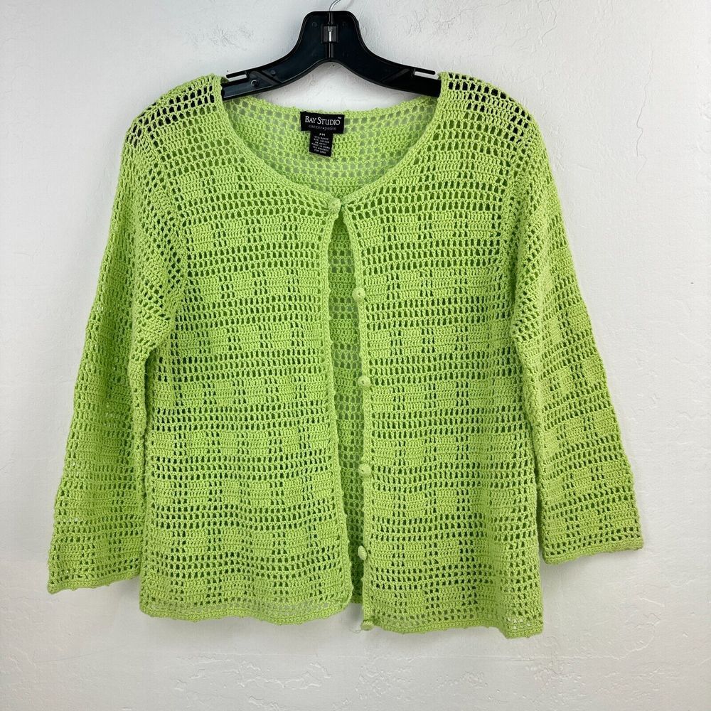Vintage Bay Studio Sweater‎ Womens M Petite Green Cardigan Crochet Long Sleeve